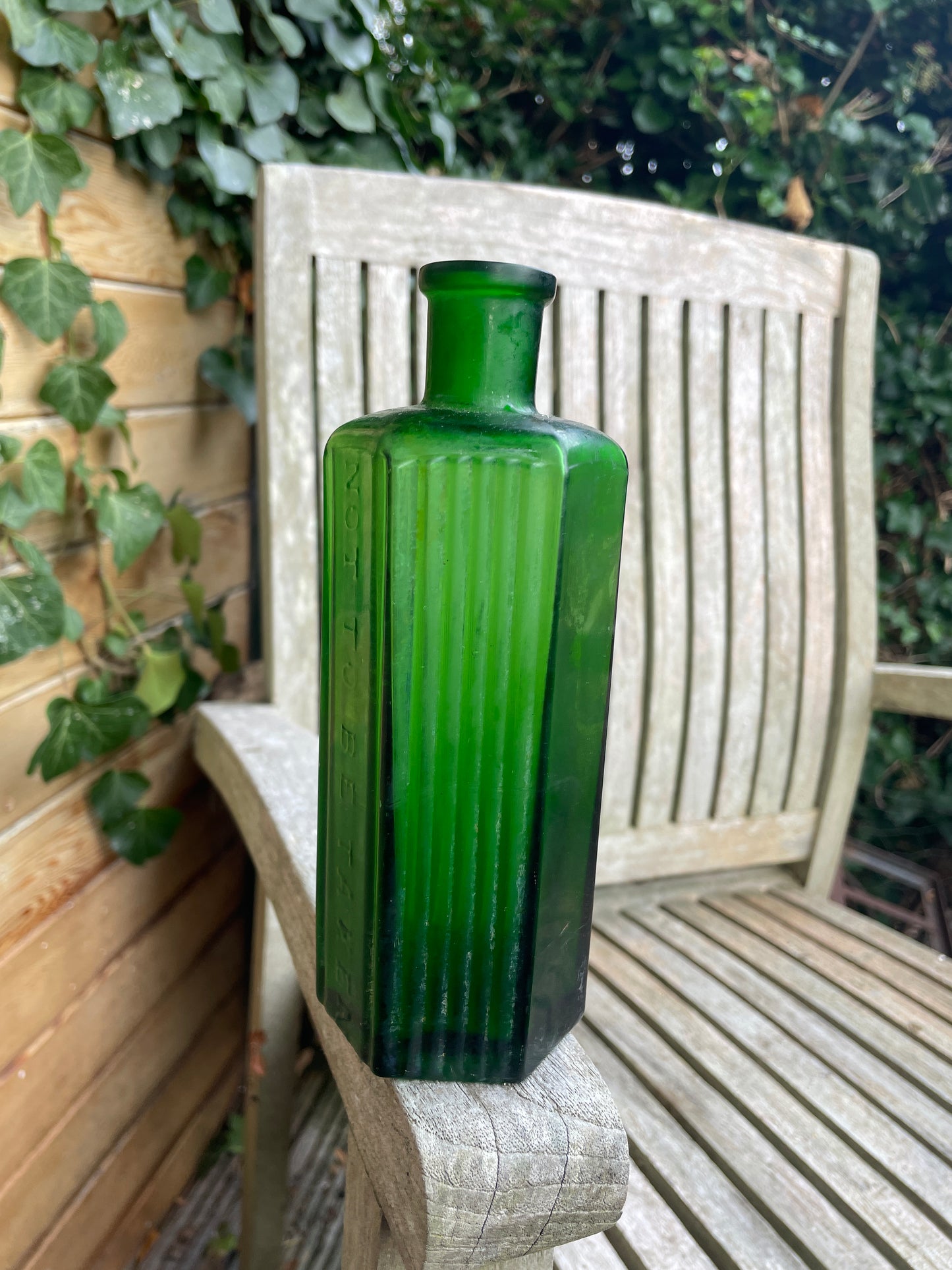 Victorian green hexagonal 'Not To Be Taken' ribbed Poison Bottle c1890's 17cm tall