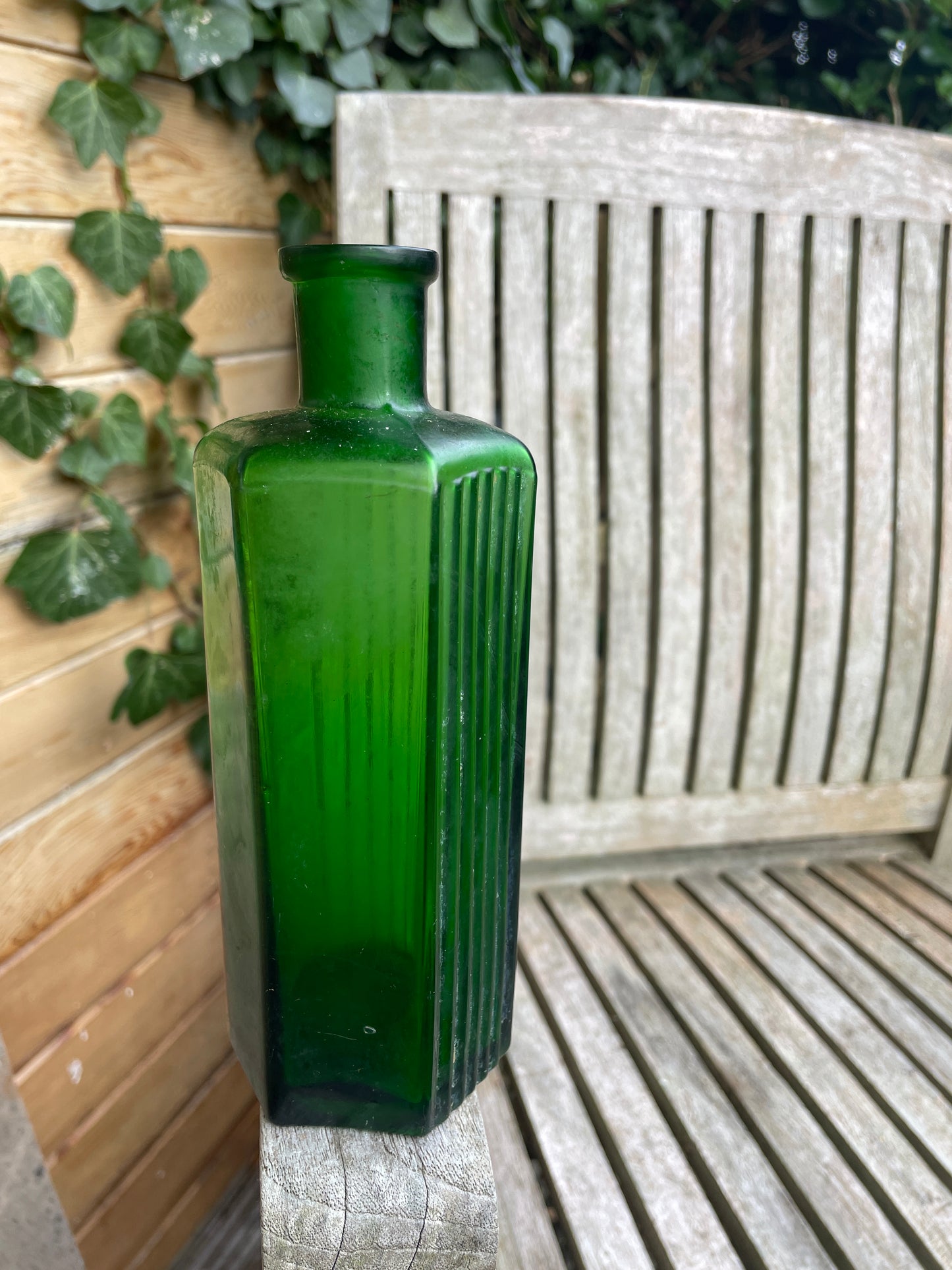 Victorian green hexagonal 'Not To Be Taken' ribbed Poison Bottle c1890's 17cm tall