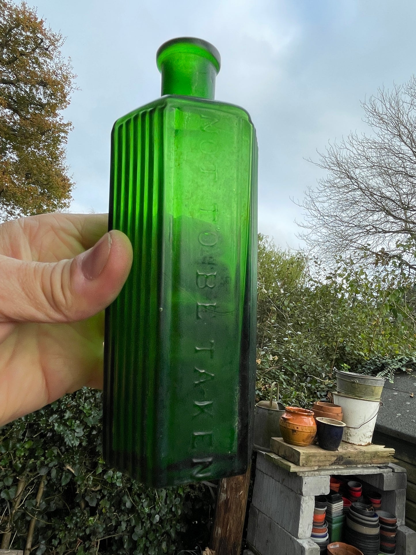 Victorian green hexagonal 'Not To Be Taken' ribbed Poison Bottle c1890's 17cm tall