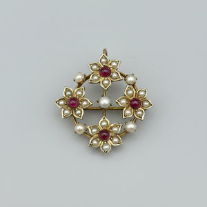 Vintage 925S Gilt Silver Pearl & Red Stone Brooch Pendant Necklace – MI Makers Mark, Scandinavian/Italian Silver Jewellery 15" Chain