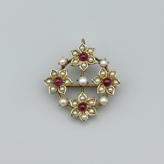 Vintage 925S Gilt Silver Pearl & Red Stone Brooch Pendant Necklace – MI Makers Mark, Scandinavian/Italian Silver Jewellery 15" Chain