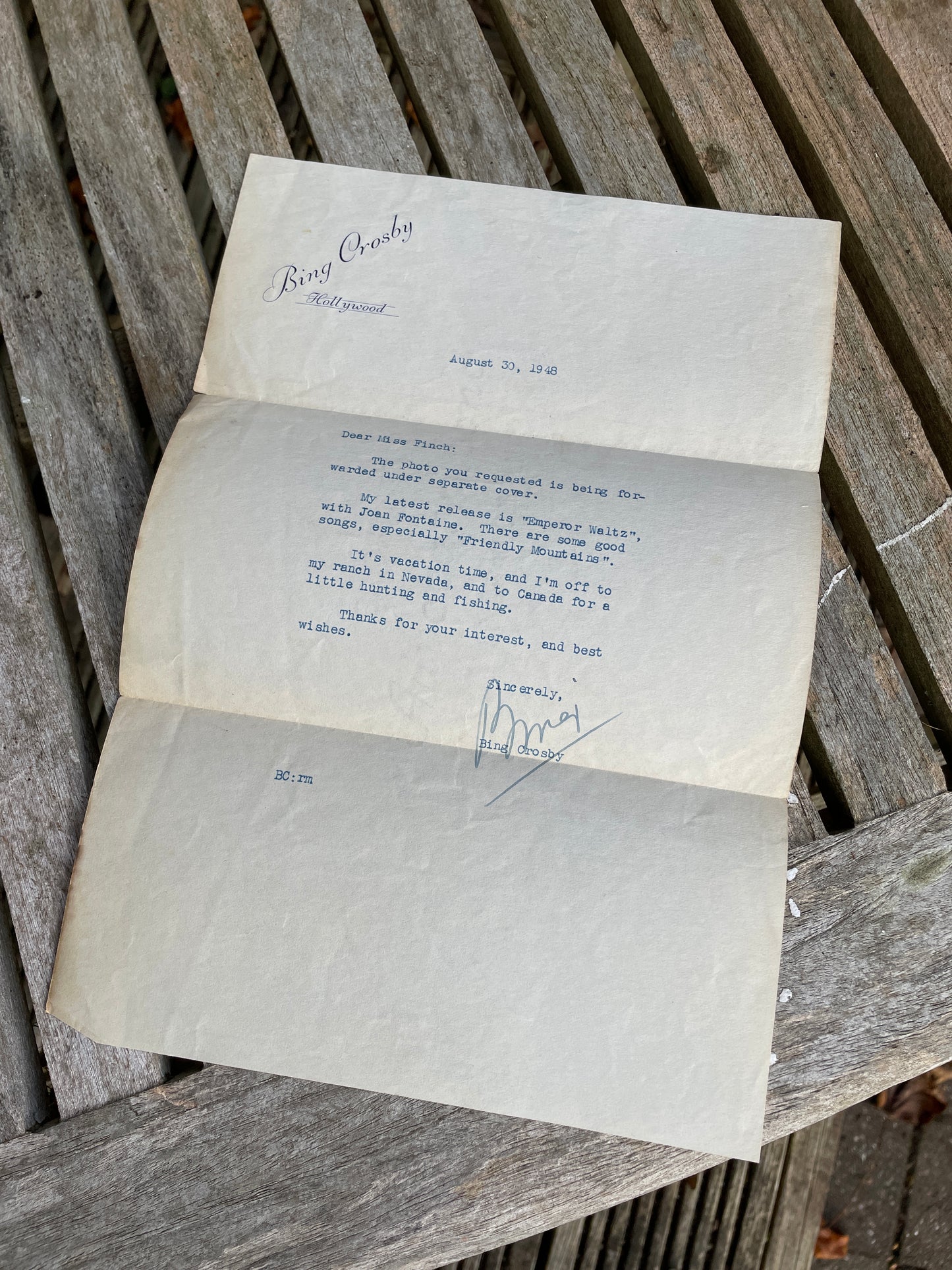 Original 1948 signed letter from Bing Crosby in Hollywood