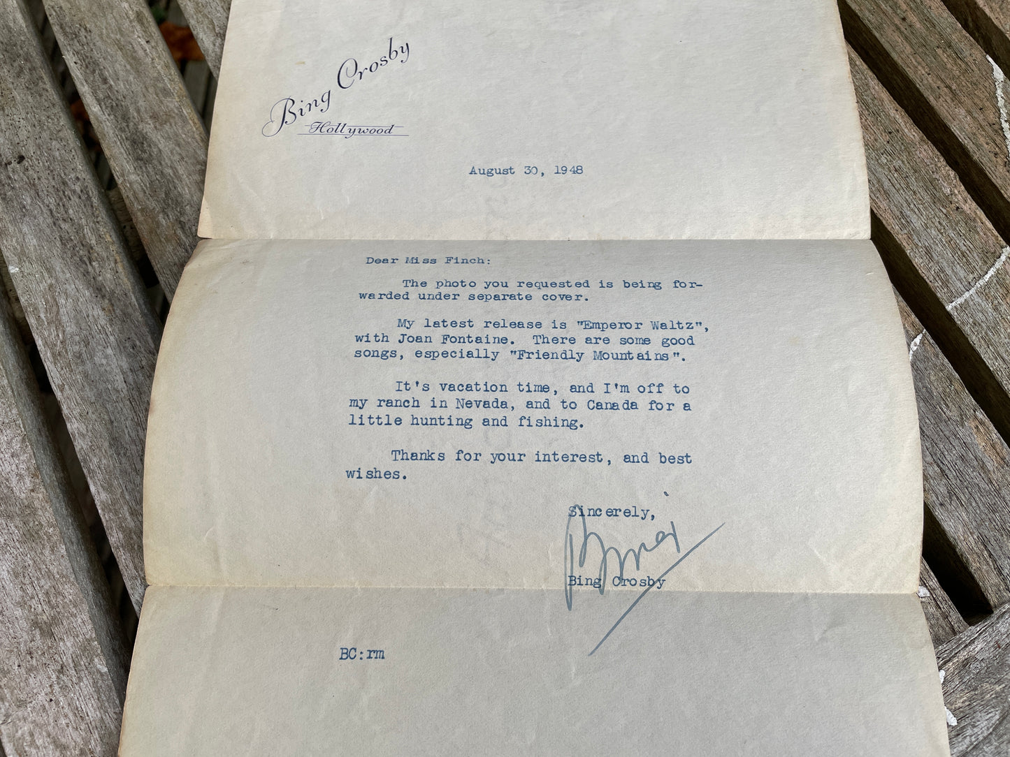 Original 1948 signed letter from Bing Crosby in Hollywood