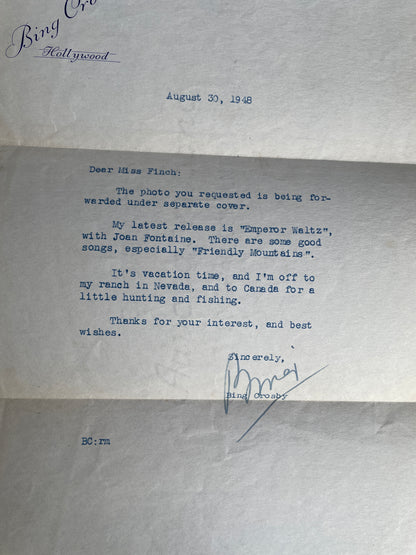 Original 1948 signed letter from Bing Crosby in Hollywood