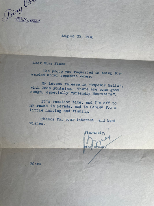 Original 1948 signed letter from Bing Crosby in Hollywood