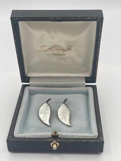 Vintage David-Andersen White Enamel Leaf Clip Earrings by Willy Winnaess, c.1950s