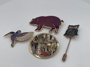 Vintage Enamel Animal Brooch Collection with Owl Stick Pin