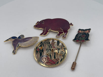 Vintage Enamel Animal Brooch Collection with Owl Stick Pin
