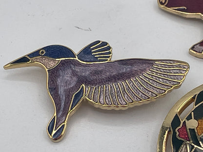 Vintage Enamel Animal Brooch Collection with Owl Stick Pin