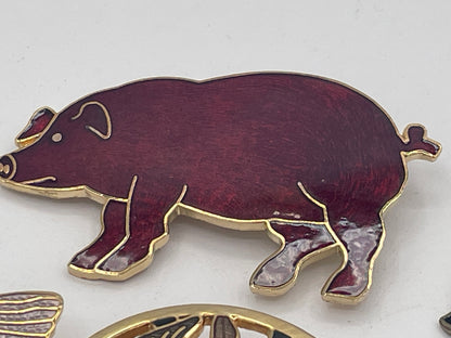 Vintage Enamel Animal Brooch Collection with Owl Stick Pin