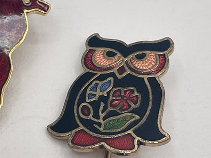 Vintage Enamel Animal Brooch Collection with Owl Stick Pin