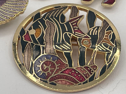 Vintage Enamel Animal Brooch Collection with Owl Stick Pin