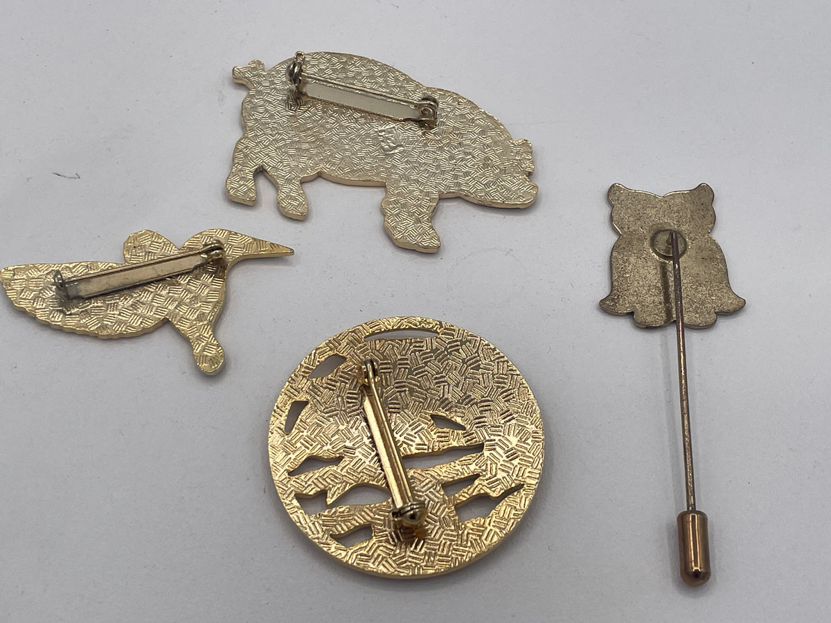 Vintage Enamel Animal Brooch Collection with Owl Stick Pin
