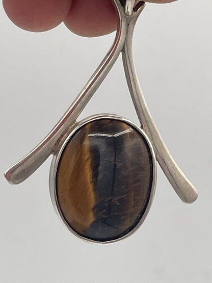 Vintage Sterling Silver Tiger’s-Eye Wishbone Pendant – 15g Boxed