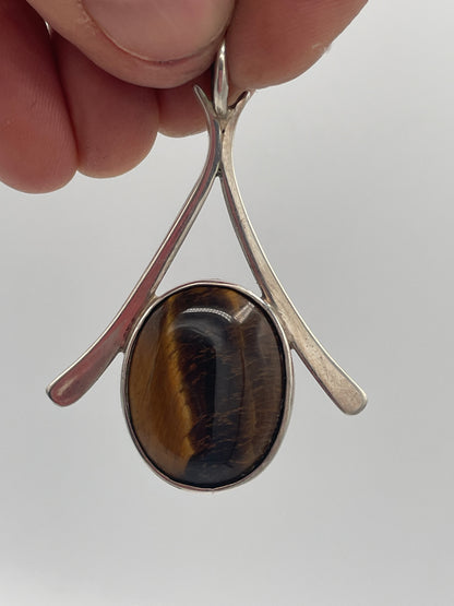Vintage Sterling Silver Tiger’s-Eye Wishbone Pendant – 15g Boxed