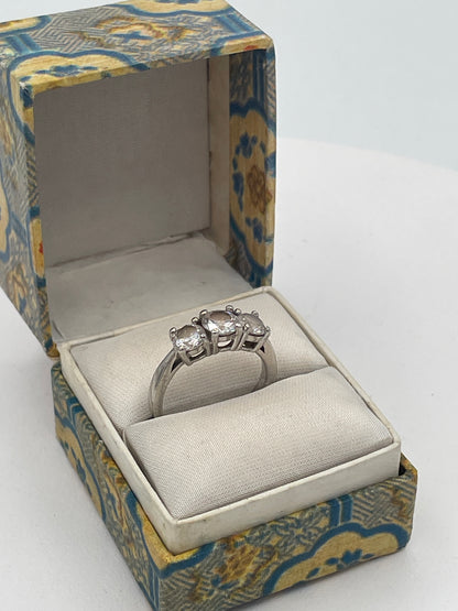 Sterling Silver Three-Stone CZ Trilogy Ring – UK Size L Boxed