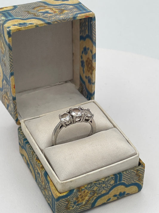 Sterling Silver Three-Stone CZ Trilogy Ring – UK Size L Boxed