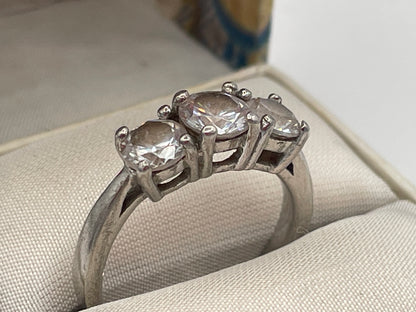 Sterling Silver Three-Stone CZ Trilogy Ring – UK Size L Boxed