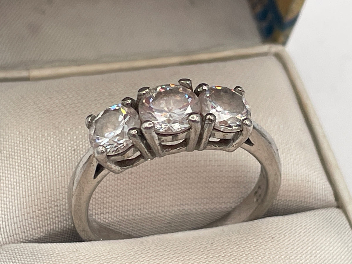 Sterling Silver Three-Stone CZ Trilogy Ring – UK Size L Boxed