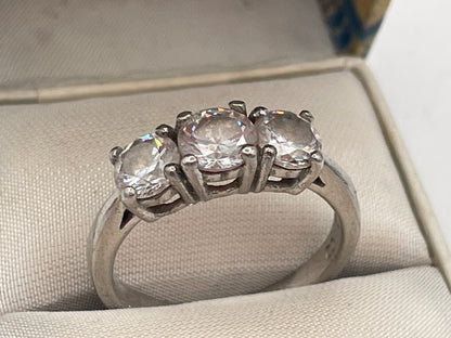 Sterling Silver Three-Stone CZ Trilogy Ring – UK Size L Boxed
