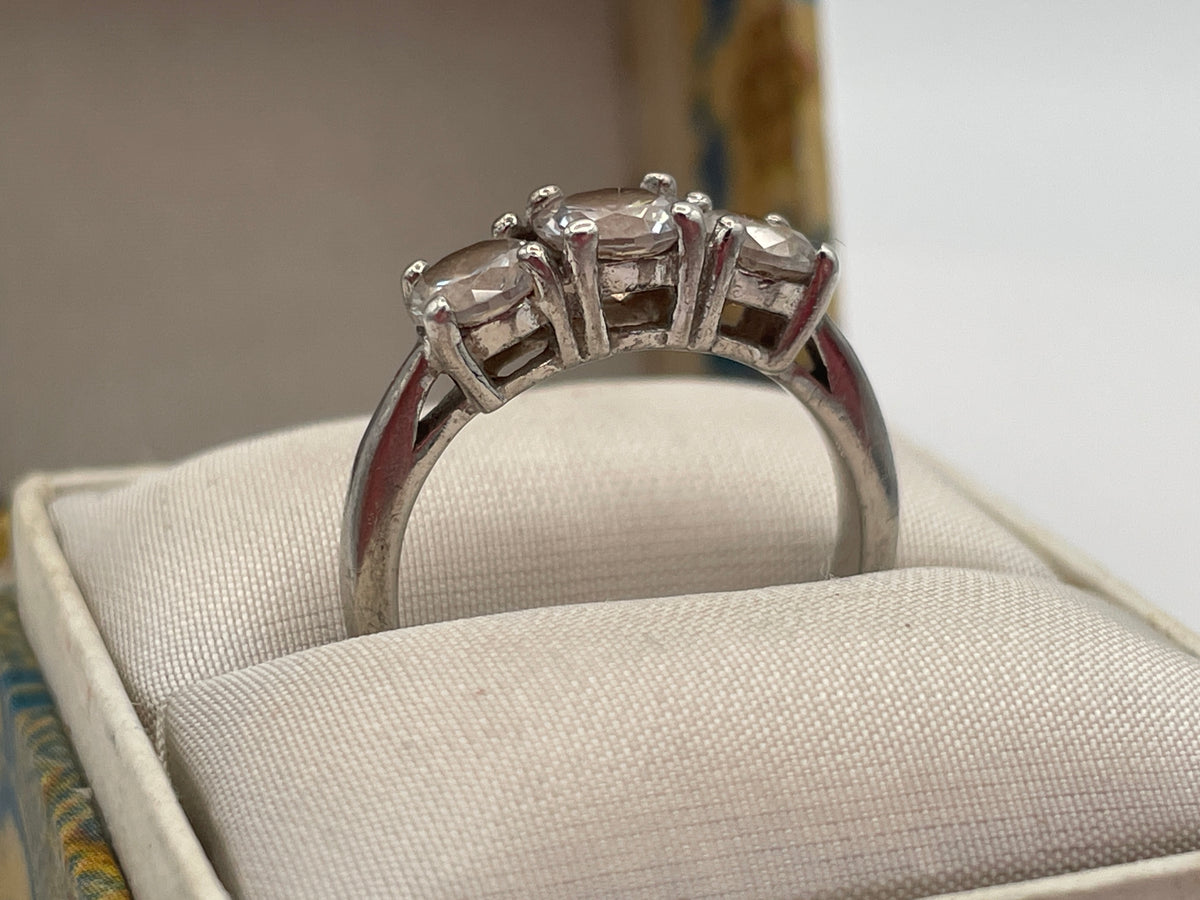 Sterling Silver Three-Stone CZ Trilogy Ring – UK Size L Boxed