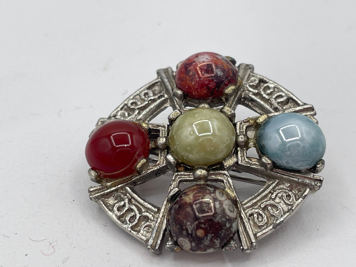Vintage Scottish Style Multi Brooch, Faux Agate Cabochon Wheel Pin, Retro Costume Jewellery