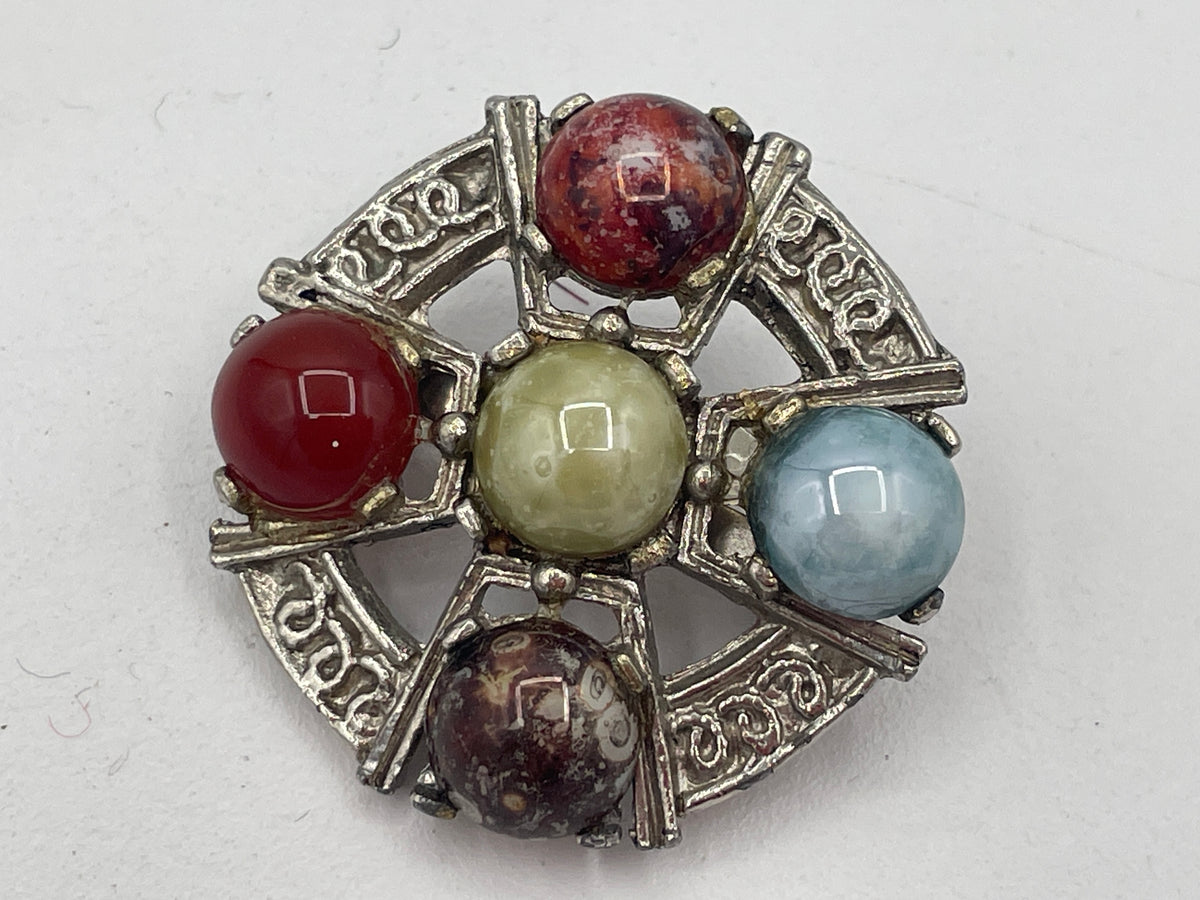 Vintage Scottish Style Multi Brooch, Faux Agate Cabochon Wheel Pin, Retro Costume Jewellery