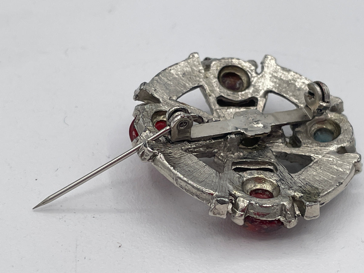 Vintage Scottish Style Multi Brooch, Faux Agate Cabochon Wheel Pin, Retro Costume Jewellery