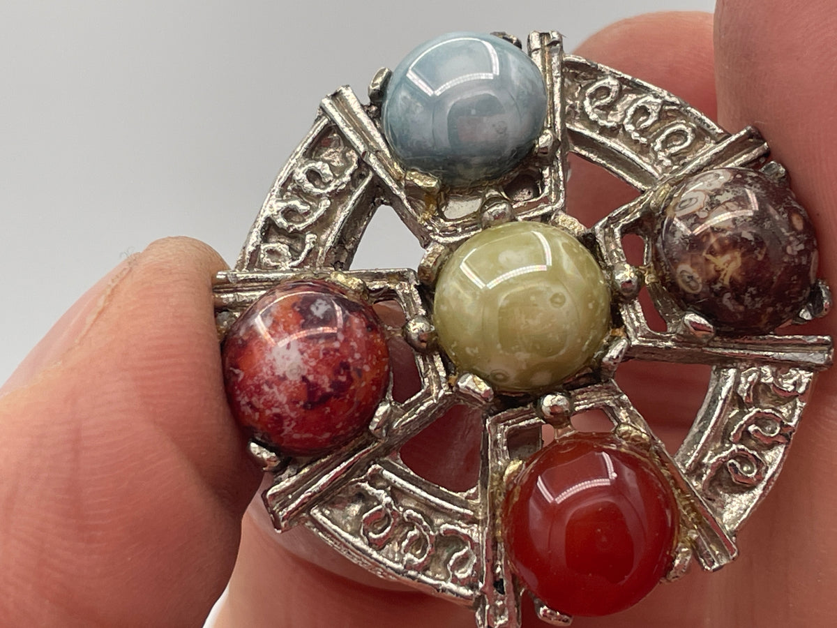 Vintage Scottish Style Multi Brooch, Faux Agate Cabochon Wheel Pin, Retro Costume Jewellery
