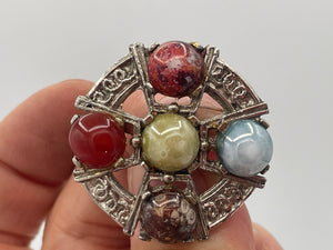 Vintage Scottish Style Multi Brooch, Faux Agate Cabochon Wheel Pin, Retro Costume Jewellery