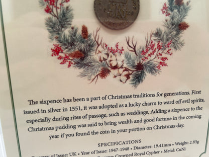 1948 George VI Christmas Sixpence Coin Display, Framed Festive Collectible, British Numismatic Decor