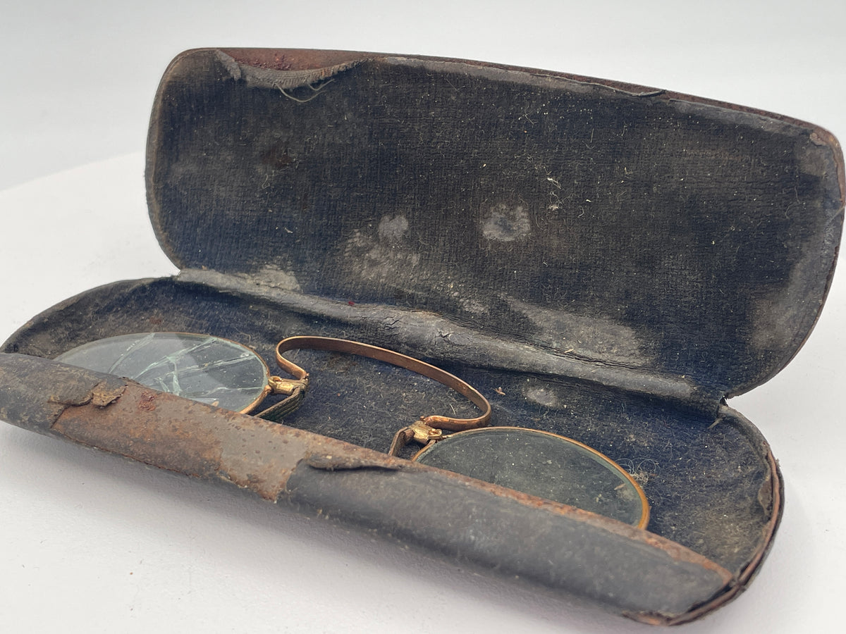 Antique Pince-Nez Spectacles in Leather Case, Steampunk Prop Glasses, Restoration or Display