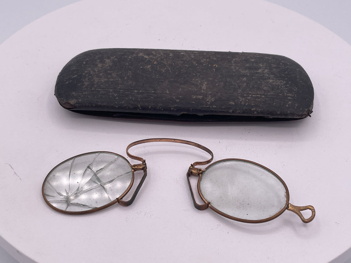Antique Pince-Nez Spectacles in Leather Case, Steampunk Prop Glasses, Restoration or Display