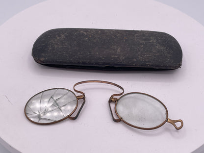 Antique Pince-Nez Spectacles in Leather Case, Steampunk Prop Glasses, Restoration or Display
