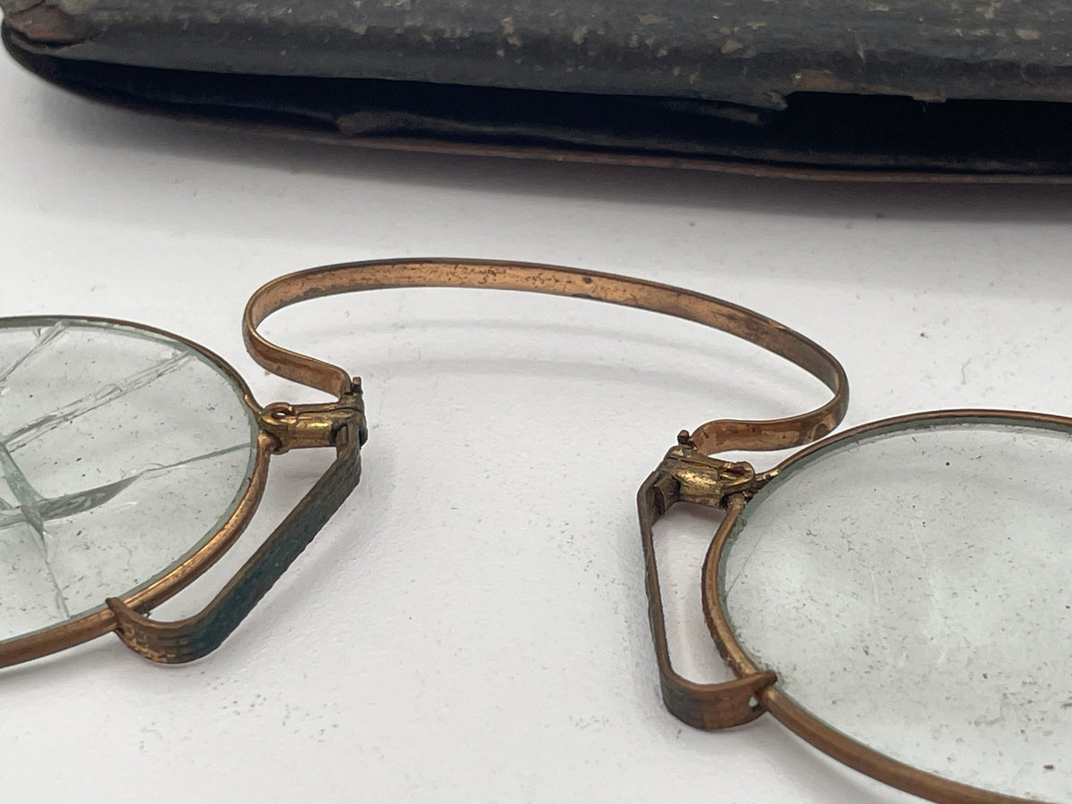 Antique Pince-Nez Spectacles in Leather Case, Steampunk Prop Glasses, Restoration or Display