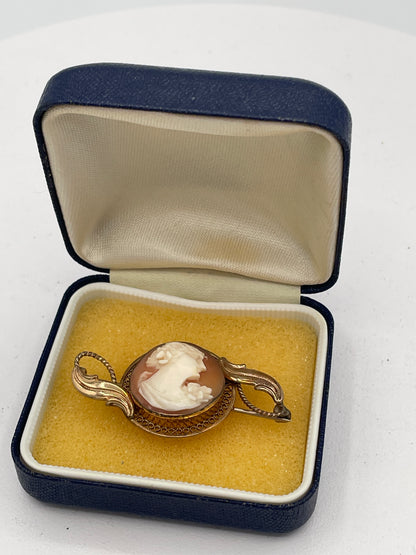 Antique Carved Shell Cameo Brooch, 14K Gold Filled Filigree Mount, Edwardian/Art Nouveau Style, c.1920s/30s