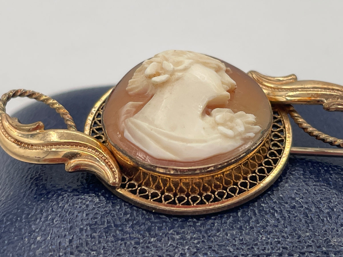 Antique Carved Shell Cameo Brooch, 14K Gold Filled Filigree Mount, Edwardian/Art Nouveau Style, c.1920s/30s