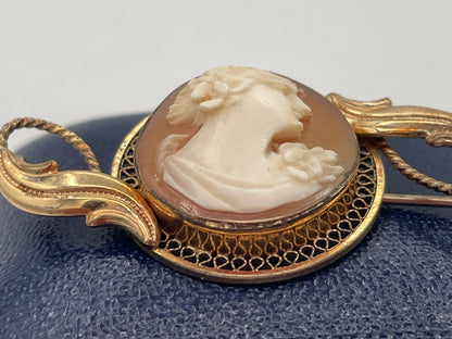 Antique Carved Shell Cameo Brooch, 14K Gold Filled Filigree Mount, Edwardian/Art Nouveau Style, c.1920s/30s