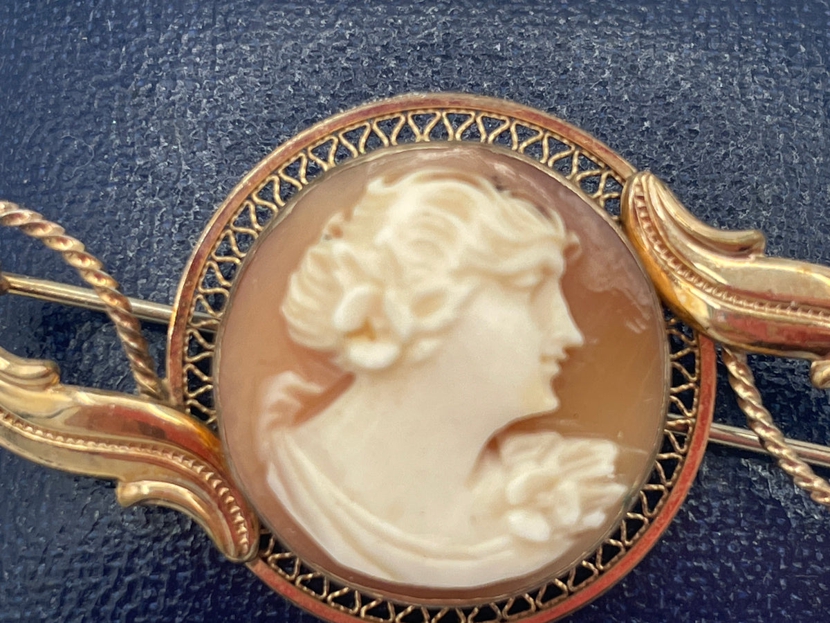 Antique Carved Shell Cameo Brooch, 14K Gold Filled Filigree Mount, Edwardian/Art Nouveau Style, c.1920s/30s