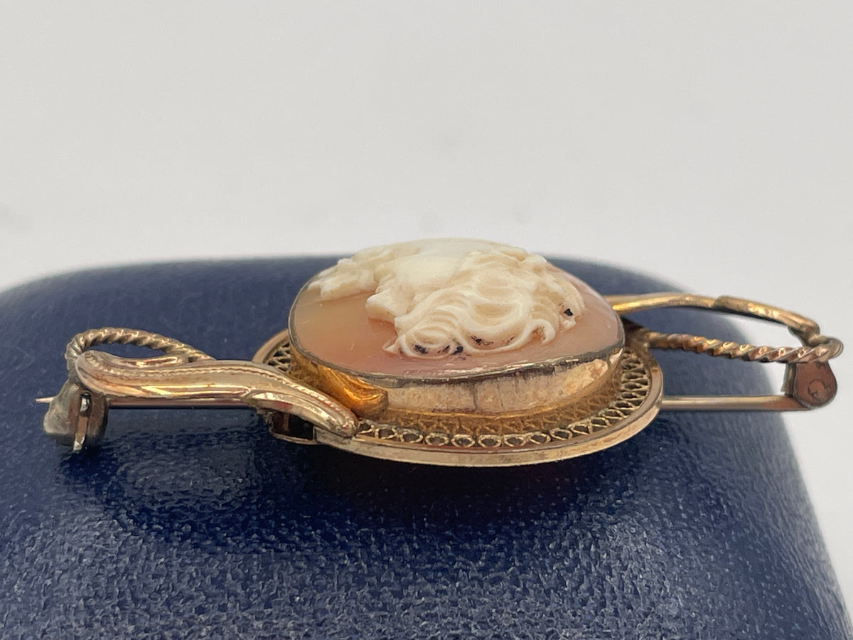 Antique Carved Shell Cameo Brooch, 14K Gold Filled Filigree Mount, Edwardian/Art Nouveau Style, c.1920s/30s