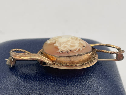 Antique Carved Shell Cameo Brooch, 14K Gold Filled Filigree Mount, Edwardian/Art Nouveau Style, c.1920s/30s