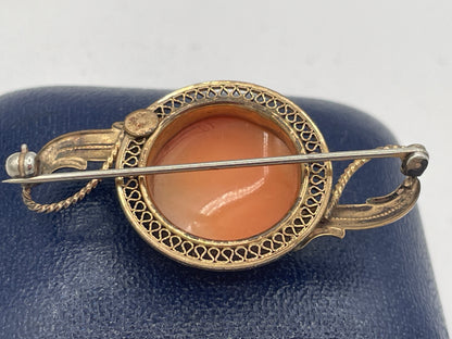Antique Carved Shell Cameo Brooch, 14K Gold Filled Filigree Mount, Edwardian/Art Nouveau Style, c.1920s/30s