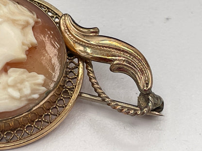Antique Carved Shell Cameo Brooch, 14K Gold Filled Filigree Mount, Edwardian/Art Nouveau Style, c.1920s/30s