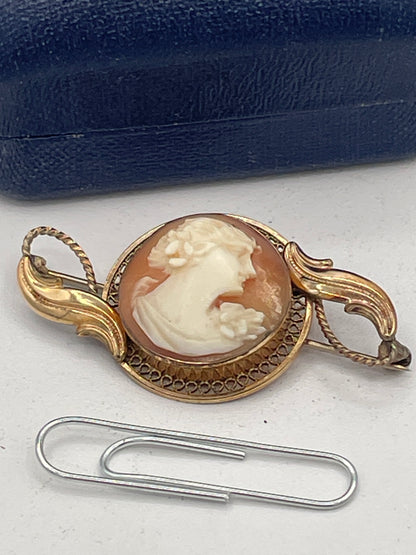 Antique Carved Shell Cameo Brooch, 14K Gold Filled Filigree Mount, Edwardian/Art Nouveau Style, c.1920s/30s