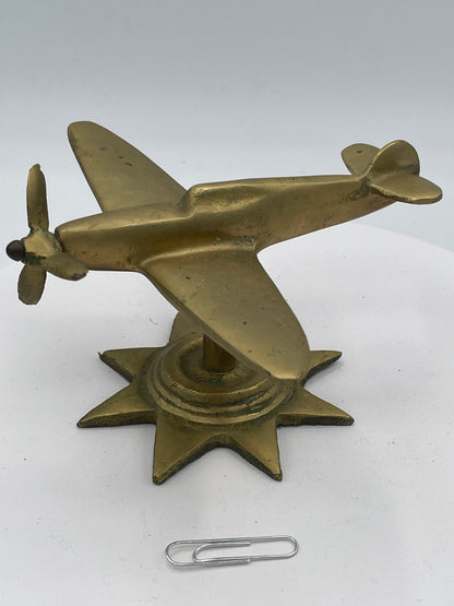 Vintage Solid Brass Spitfire Model, Heavy Desktop Sculpture on Star Base, Mid-Century Aeronautical Collectible