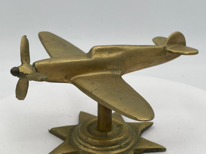 Vintage Solid Brass Spitfire Model, Heavy Desktop Sculpture on Star Base, Mid-Century Aeronautical Collectible