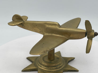 Vintage Solid Brass Spitfire Model, Heavy Desktop Sculpture on Star Base, Mid-Century Aeronautical Collectible