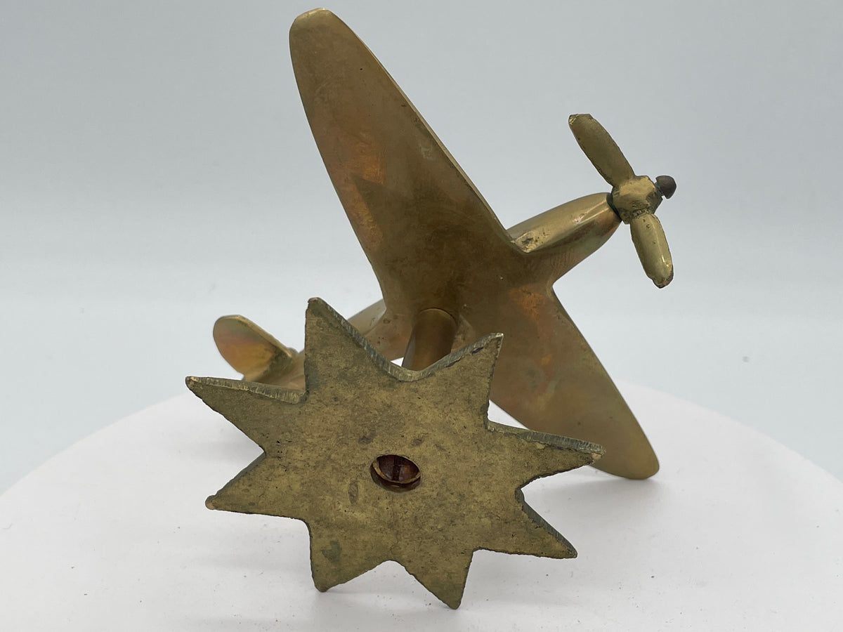 Vintage Solid Brass Spitfire Model, Heavy Desktop Sculpture on Star Base, Mid-Century Aeronautical Collectible