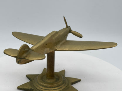 Vintage Solid Brass Spitfire Model, Heavy Desktop Sculpture on Star Base, Mid-Century Aeronautical Collectible