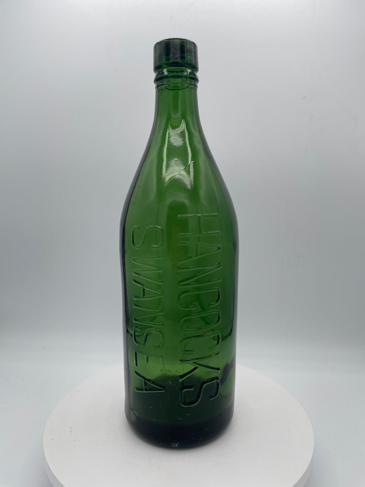 Vintage Embossed Glass Bottle - Hancock's Swansea 30cm Green Glass